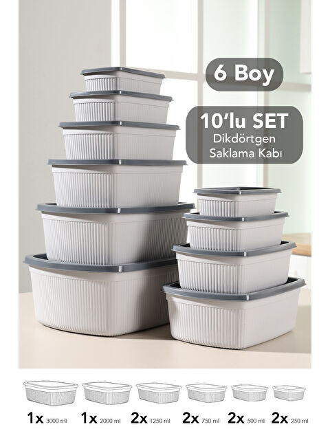 Meleni Home 10'lu Çizgili Dikdörtgen Gıda Saklama Kabı Seti