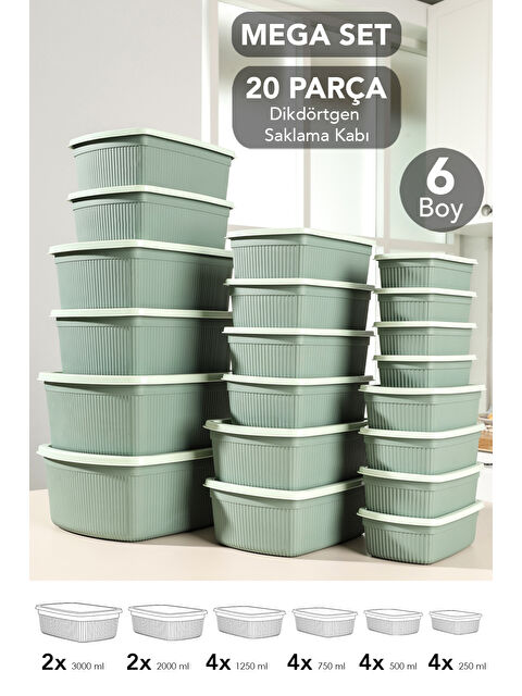 Meleni Home 20'li Çizgili Dikdörtgen Gıda Saklama Kabı Seti