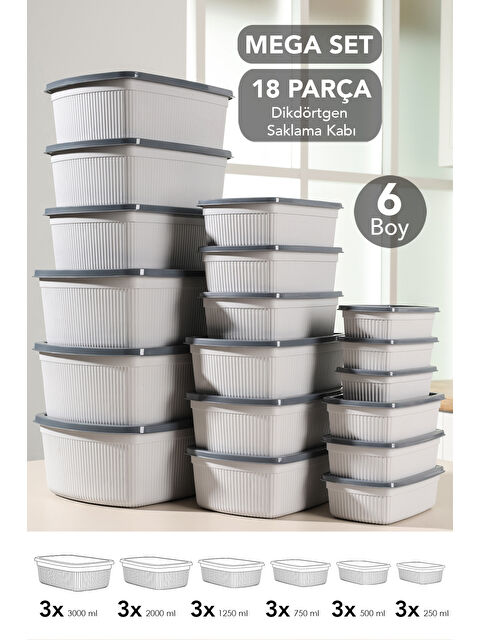 Meleni Home 18'li Çizgili Dikdörtgen Gıda Saklama Kabı Seti