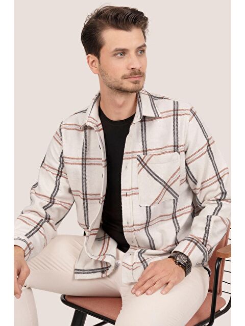 Etikmen Kemik Beyaz Çizgili Oversize %100 Pamuk Erkek Oduncu Gömlek - S000384600-16277