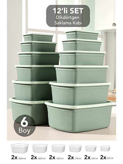 Meleni Home 12'li Çizgili Dikdörtgen Gıda Saklama Kabı Seti