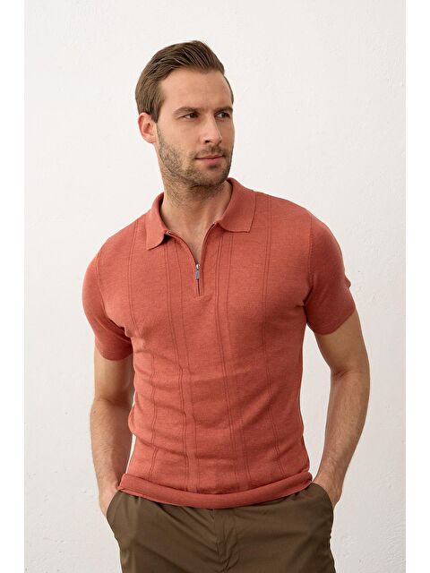 Danger Erkek Fermuarlı Slim-Fit Yazlık Triko Tişört Tarçın - S000165264-19956