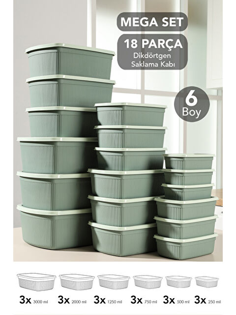 Meleni Home 18'li Çizgili Dikdörtgen Gıda Saklama Kabı Seti