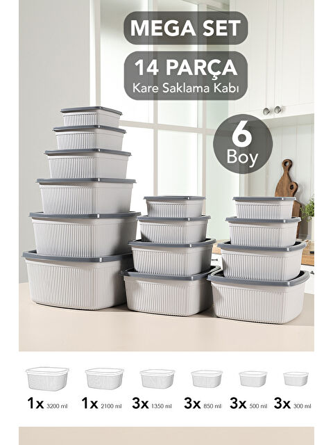 Meleni Home 14'lü Çizgili Kare Erzak Gıda Saklama Kabı Seti