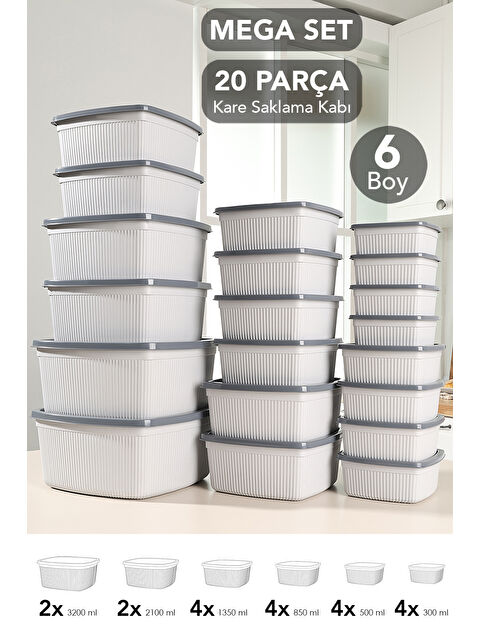 Meleni Home 20'li Çizgili Kare Erzak Gıda Saklama Kabı Seti