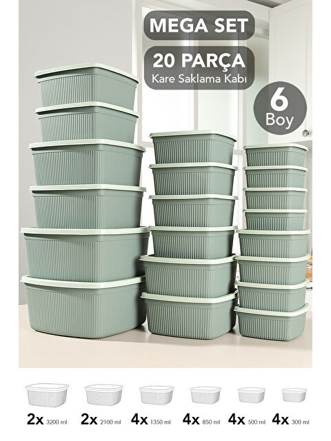 Meleni Home 20'li Çizgili Kare Erzak Gıda Saklama Kabı Seti