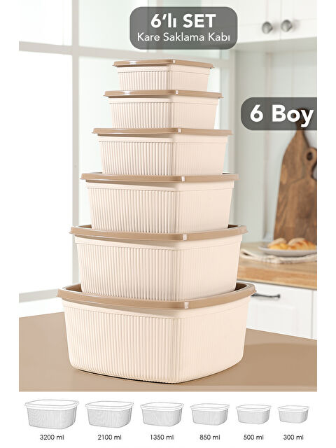 Meleni Home 6'lı Çizgili Kare Erzak Gıda Saklama Kabı Seti