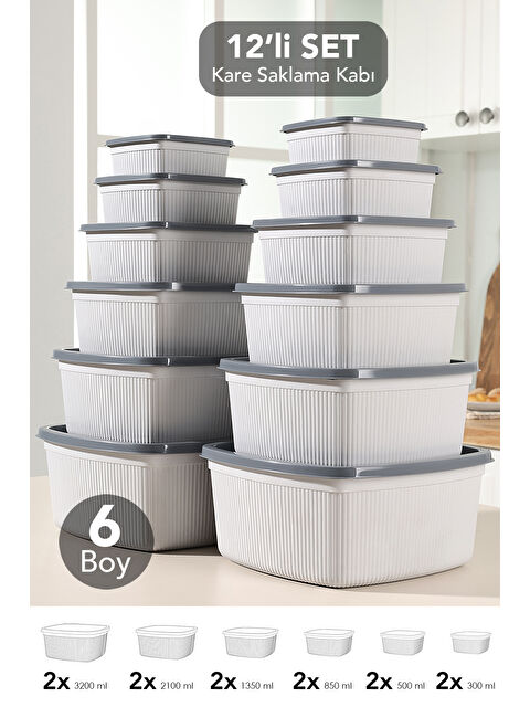 Meleni Home 12'li Çizgili Kare Erzak Gıda Saklama Kabı Seti