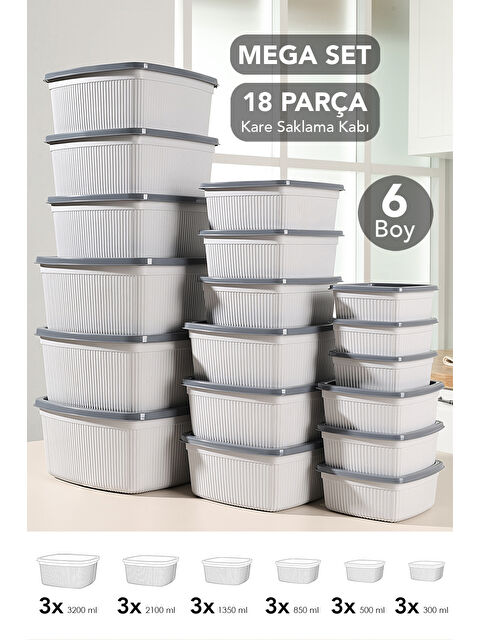 Meleni Home 18'li Çizgili Kare Erzak Gıda Saklama Kabı Seti