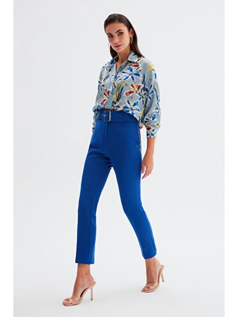 SATEEN Yüksek Bel Kemerli Pantolon - İndigo - S000323736-23093