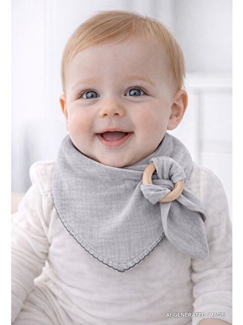Babyjem Ahşap Diş Kaşıyıcılı Bürümcük Müslin Önlük Gri - S000133307-20600