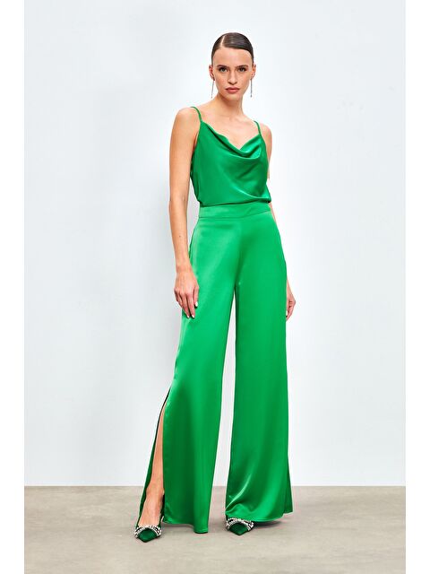 SATEEN Yırtmaç Detaylı Saten Pantolon - Yeşil - S000323716-18194