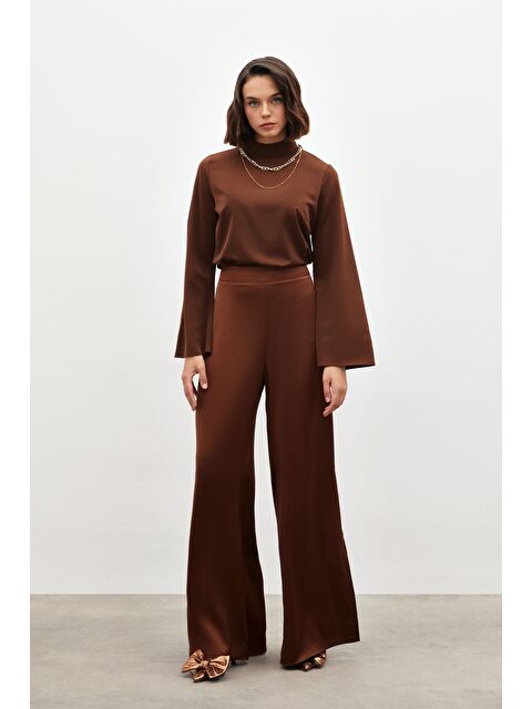 SATEEN Yırtmaç Detaylı Saten Pantolon - Kahve - S000323716-19413