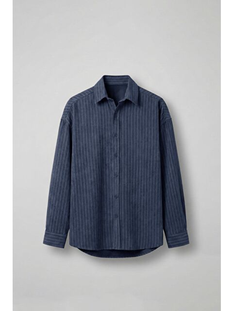 Abluka Online Erkek Oversize Çizgili Uzun Kollu Gömlek Lacivert - S000481843-21164