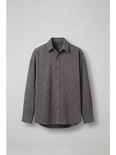 Abluka Online Erkek Oversize Çizgili Uzun Kollu Gömlek Antrasit - S000481843-29666