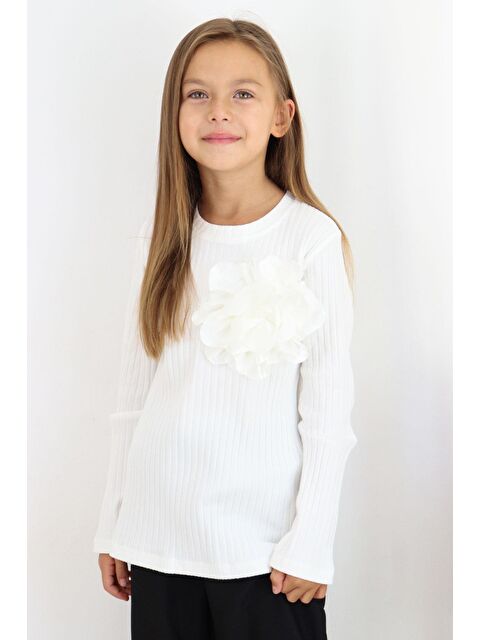 Breeze Kız Çocuk Uzun Kollu Tişört Gül Aksesuarlı Ekru (9-12 Yaş) - S000332628-19965