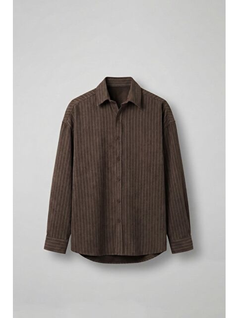 Abluka Online Erkek Oversize Çizgili Uzun Kollu Gömlek Kahverengi - S000481843-19413