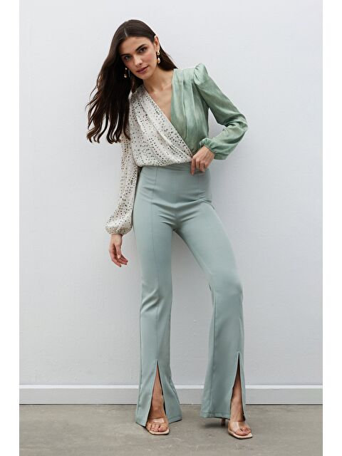 SATEEN Yırtmaç Detaylı İspanyol Pantolon - Çağla Yeşili - S000323720-14939