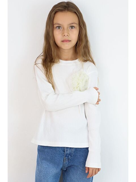 Breeze Kız Çocuk Uzun Kollu Bluz Çiçek Aksesuarlı Ekru (9-14 Yaş) - S000332635-19965