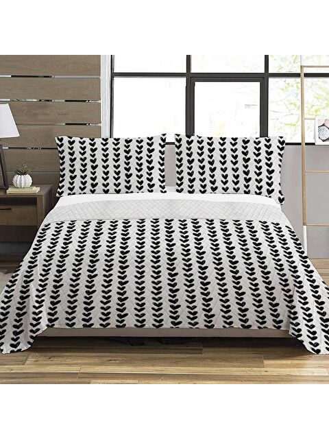 Evmila Siyah Kalp Desen Çift Kişilik Baskılı Pike (200x220 Cm) Beyaz - S000028856-23173