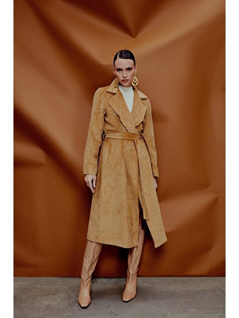 SATEEN Uzun Kadife Trençkot - Camel - S000324155-4557