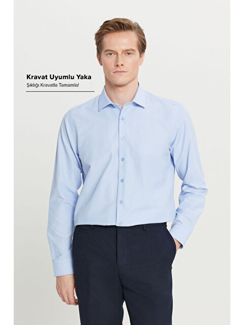 AC&Co / Altınyıldız Classics Erkek Açık Mavi Kolay Ütülenebilir Slim Fit Dar Kesim Klasik Yaka Pamuklu Gömlek