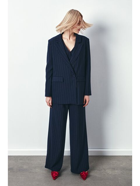 SATEEN Çizgili Salaş Ceket - Lacivert - S000323775-21164