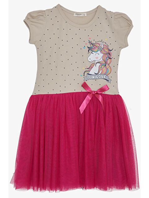 Breeze Kız Çocuk Elbise  Baskılı Tüllü Fiyonklu Bej (3 Yaş) - S000070127-19928