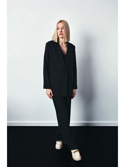 SATEEN Çizgili Salaş Ceket - Siyah - S000323775-19351