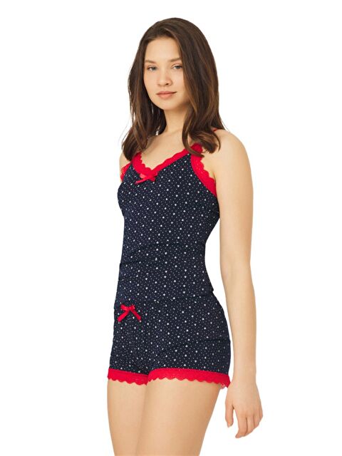 Cottonhill Lacivert Desenli İnce Askılı Şortlu Pamuklu Pijama Takımı - S000395850-21164