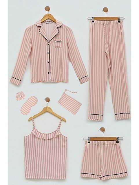 For You Kids 7 li Viskon Biyeli Çizgili Fuşya Pijama Takımı - S000011462-18686