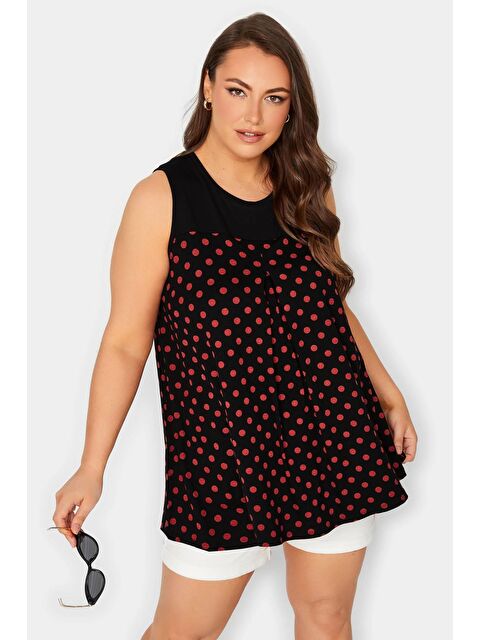 Stil Diva Büyük Beden Sıfır Kol Bisiklet Yaka Puantiye Desenli Bluz 302252 - S000065000-19351