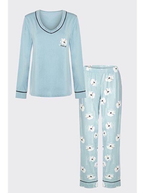 Koza İç Giyim Kadın V Yaka Çiçek Desenli Ara Biyeli Uzun Kollu Pamuklu Pijama Takımı - S000266387-37368