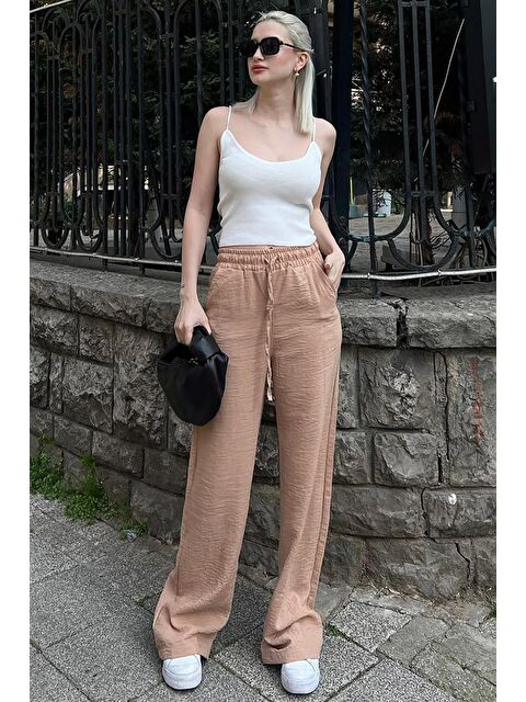 Madmext Camel Beli Büzgülü Bol Paça Kadın Pantolon Mg2011 - S000146790-4557
