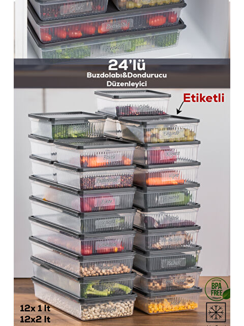 Porsima 24lü Buzdolabı Düzenleyici Derin Dondurucuya Uygun Etiketli Buzluk Bakliyat Saklama Kabı - Antrasit - S000295371-29666