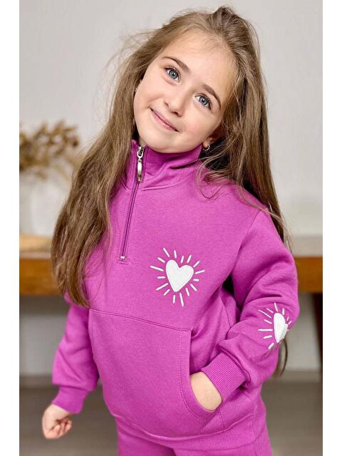Riccotarz Kız Çocuk Kalp Emoji Baskılı Kanguru Cepli Fermuarlı Sweat Mor Eşofman Takım - S000469653-20042
