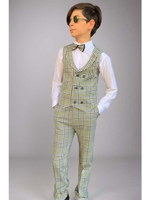 Riccotarz Erkek Çocuk Kare Desen ve Şal Yaka Yelekli Yeşil Takım Elbise - S000473451-18194