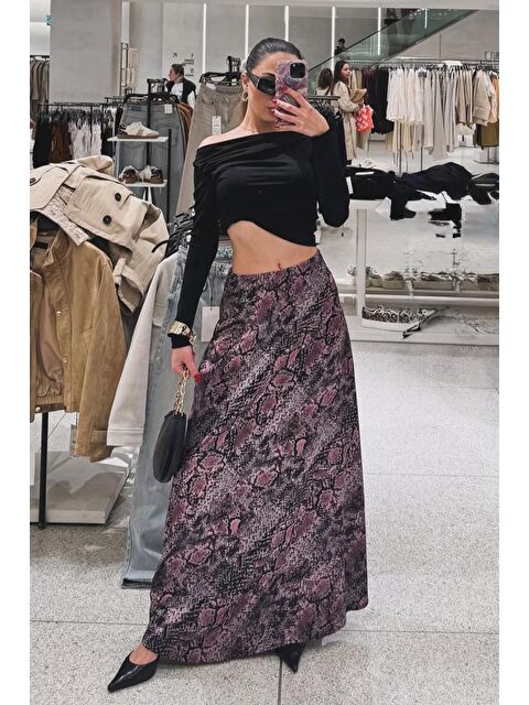 Madmext Lila Desenli Saten Kadın Uzun Etek Mg2333 - S000346668-17878