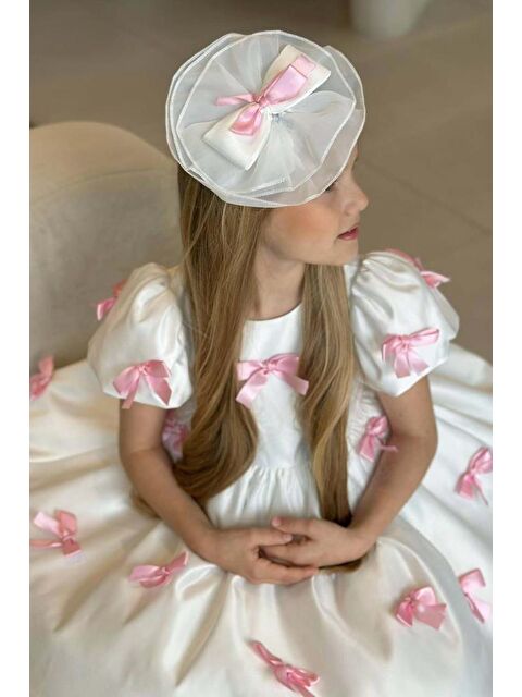 Riccotarz Kız Çocuk Balon Kollu Üzeri Pembe Kurdela Detaylı İçi Astarlı Saten Abiye - S000473830-20063