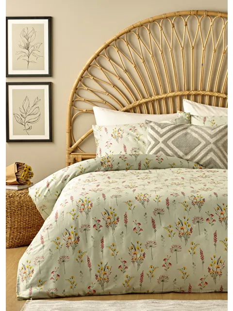 Bella Maison %100 Pamuk Saten Flores King Size Nevresim Seti Açık Yeşil - S000121017-29488