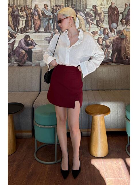 Madmext Bordo Yırtmaç Detaylı Kadın Şort Etek Mg2315 - S000346040-19951