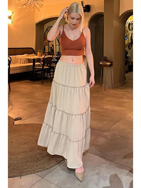 Madmext Bej Basic Pileli Kadın Uzun Etek - S000030711-19928