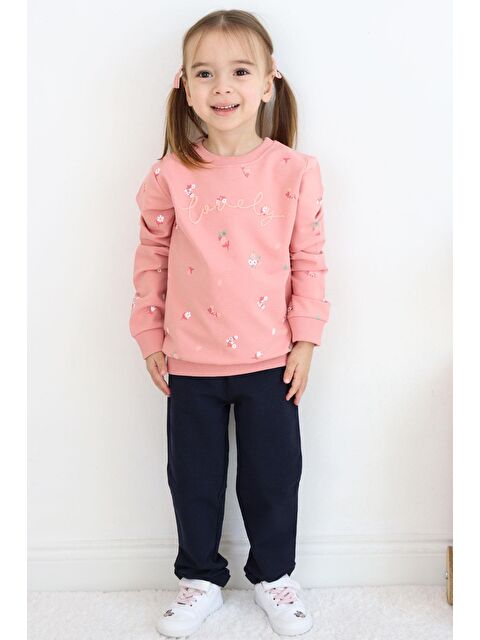 Breeze Kız Bebek Eşofman Takım Çiçek Desenli Yazı Baskılı Gülkurusu (1 Yaş) - S000352729-20028