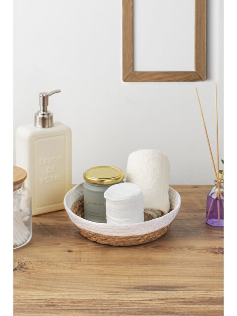 Porsima 15293 Çok Amaçlı Yuvarlak Dekoratif Hasır Sepet Düzenleyici Organizer Ekmeklik - Beyaz - S000087864-20063