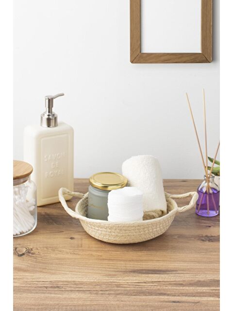 Porsima 15289 Çok Amaçlı Yuvarlak Dekoratif Hasır Sepet Düzenleyici Organizer Ekmekli - Krem