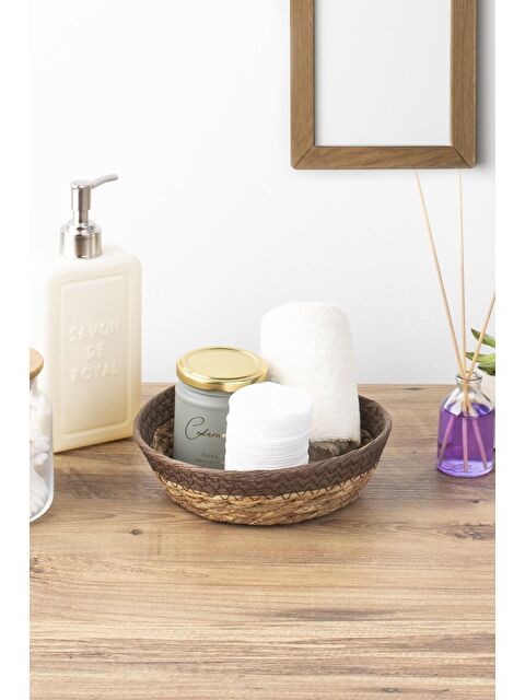 Porsima 15293 Çok Amaçlı Yuvarlak Dekoratif Hasır Sepet Düzenleyici Organizer Ekmeklik - Kahve