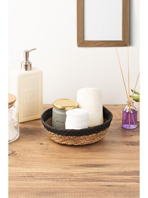 Porsima 15293 Çok Amaçlı Yuvarlak Dekoratif Hasır Sepet Düzenleyici Organizer Ekmeklik - Siyah