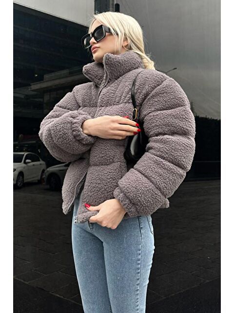 Madmext Füme Peluş Basic Crop Mont Mg1634 - S000056699-33408