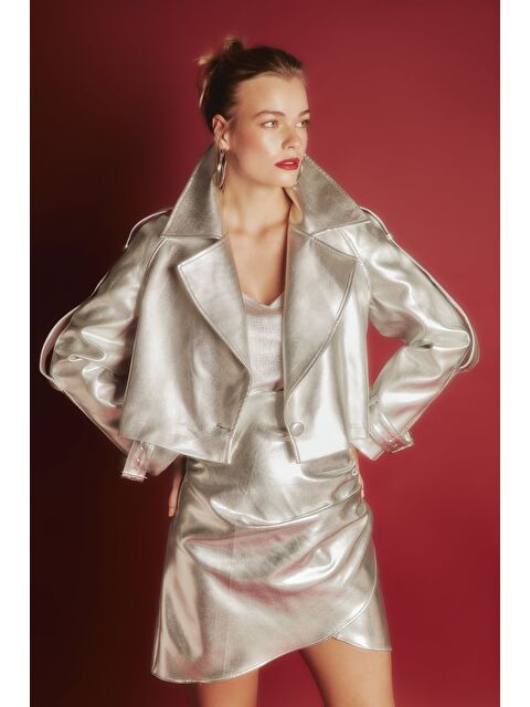 SATEEN Metalik Kısa Ceket - Gümüş - S000323801-18105