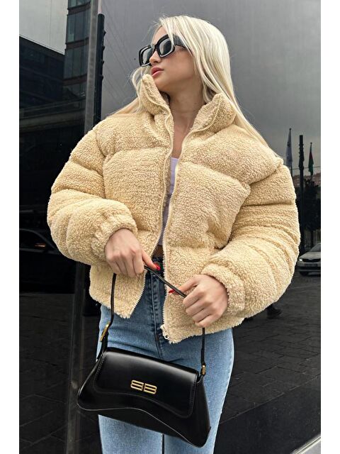 Madmext Ekru Peluş Basic Crop Mont Mg1634 - S000056699-19965